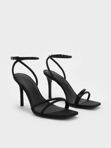 Satin Crystal-Embellished Asymmetric Heeled Sandals