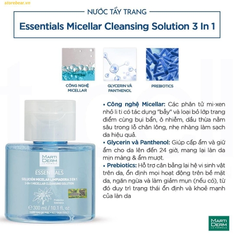 Nước Tẩy Trang Martiderm Essentials Micellar Cleansing Solution 3in1 300ml - Fullbox