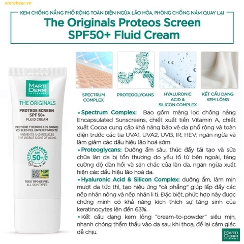 Kem Chống Nắng Phổ Rộng Toàn Diện Ngừa Lão Hóa, Phòng Chống Nám Quay Lại - MartiDerm The Originals Proteos Screen SPF50+ Fluid Cream 40ml