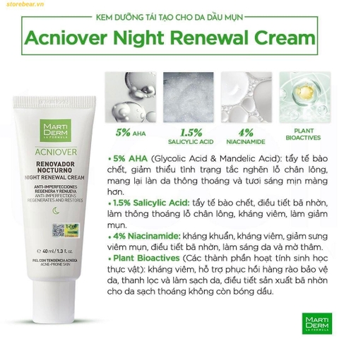 Kem Dưỡng Tái Tạo Ban Đêm Cho Da Dầu Mụn - MartiDerm Acniover Night Renewal Cream (40ml)