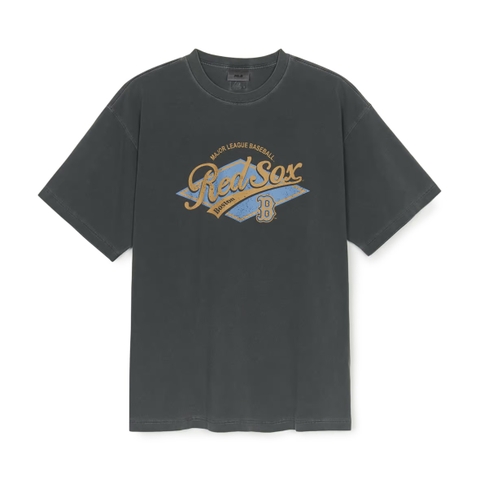 MLB Varsity Vintage Washed Graphic Mega Overfit Short Sleeve T-Shirt Boston Red Sox Chacoal Grey - Áo thun cổ tròn tay lỡ tone xám