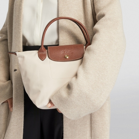 SMALL SIZE - TÚI LONGCHAMP LE PLIAGE ORIGINAL POUCH WITH HANDLE - Paper - Recycled Canvas - Túi xách màu be, quai nắp nâu