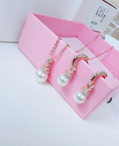 SWAROVSKI Originally set (White, Rose gold-tone plated) - EARRINGS & NECKLACE - Khuyên tai + dây cổ, pha lê ngọc trai - JEWELRY