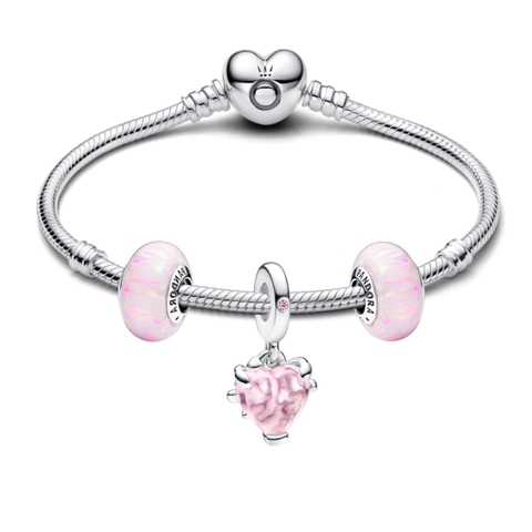 PANDORA SET HEART TREES PINK BRACELET (Silver Sterling, Lap-created Opal, Zircona) - Bộ Vòng 3 Charm - Chủ đề “Cây tình yêu trái tim hồng”