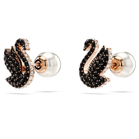 SWAROVSKI Swan stud earrings (Swan, Black, Rose gold-tone plated) - Khuyên tai thiên nga đen - JEWERY