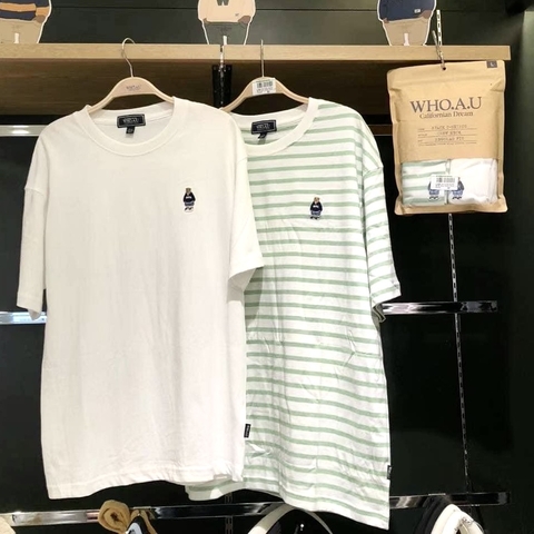 WHOAU T-SHIRT (SET GỒM 2 ÁO - Trắng và sọc Xanh Green)