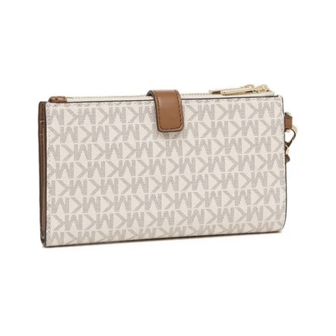 MICHAEL KORS MK Jet Set Travel Signature Logo Vanilla - Double Zip Wallet - Ví cầm tay nhiều ngăn đựng thẻ, tiền, màu kem