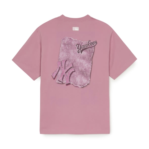 MLB Denim-like monotiv overfit functional short-sleeve T-shirt New York Yankees Pink - Áo thun cổ tròn, tay lở màu hồng