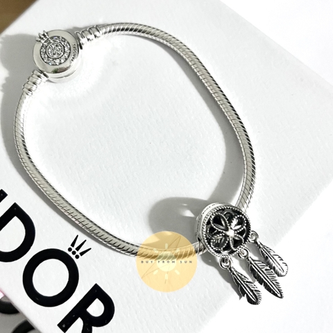PANDORA CROWN O Bracelet & DREAM CATCHER Charm (Sterling Silver, Zirconia) - SET bộ Vòng/ lắc tay khoá vương miệng và hạt trang trí vòng bắt giấc mơ, bạc 925.