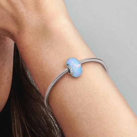 PANDORA Opalescent Ocean Blue Charm (Silver Sterling, Opal Lap-created) - Hạt trang trí vòng tay hình tròn thuỷ tinh, bạc 925, đá Opal nhân tạo màu xanh đại dương