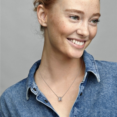 PANDORA Signature Logo Pavé & Beads - Pendant & Necklace (Sterling Silver, Zirconia) - Dây chuyền/ cổ bạc 925, đính đá CZ