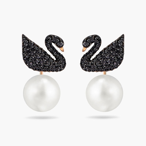 SWAROVSKI Iconic Swan earrings (Crystal pearl, Black, Rose-gold tone) - Khuyên tai pha lê thiên nga đen, ngọc trai pha lê - JEWERY