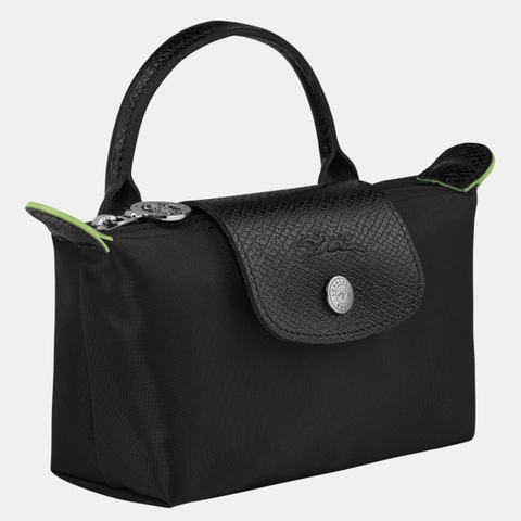 MINI SIZE - TÚI LONGCHAMP LE PLIAGE NOIR GREEN POUCH WITH HANDLE - BLACK - Recycled Canvas - Túi xách màu đen, quai nắp đen