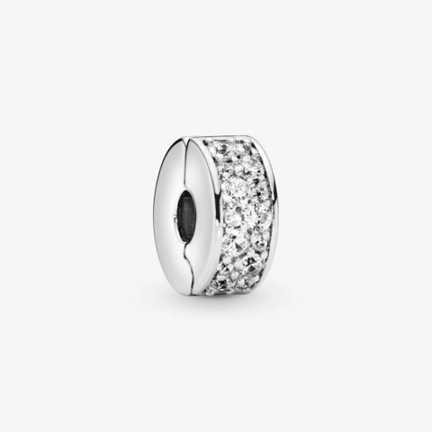PANDORA Clear Pavé Clip Charm (Silver Sterling, Zircona) - Hạt trang trí vòng tay hình tròn, chốt bấm chặn, bạc 925, CZ trắng - JEWELRY