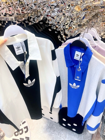 ÁO ADIDAS POLO LONG SLEEVE / SWEATSHIRT - GREY BLUE / BLACK WHITE - ÁO CÓ CỔ TAY DÀI SỌC XANH XÁM / ĐEN TRẮNG