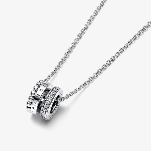 PANDORA Signature Logo Pavé & Beads - Pendant & Necklace (Sterling Silver, Zirconia) - Dây chuyền/ cổ bạc 925, đính đá CZ