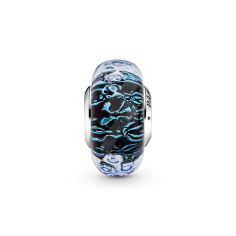 PANDORA Wavy Dark Blue Murano Glass Ocean Charm (Silver Sterling) - Hạt trang trí vòng tay hình tròn, bạc 925, màu xanh gợn sóng đại dương - JEWELRY