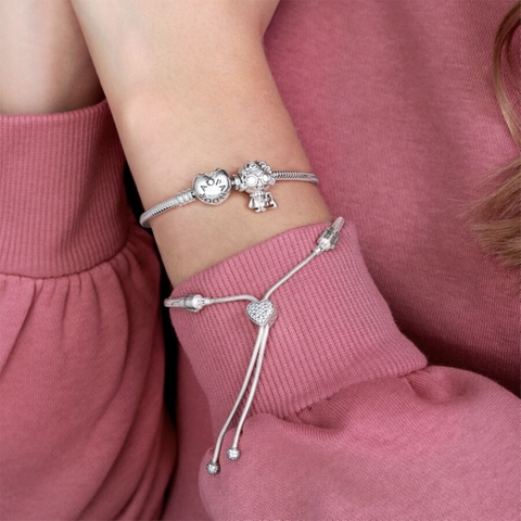 Pandora Moments Pavé Heart & Snake Chain Sliding Bracelet (Heart Clasp, Silver Sterling) - Vòng/lắc tay bạc 925, khoá trái tim, dáng rút mềm - JEWELRY BRACELET