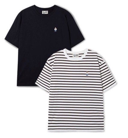 CHÍNH HÃNG - WHOAU (2PACK/SET) STEVE BEAR STRIPE T-SHIRT - Bộ 2 áo thun màu đen+sọc