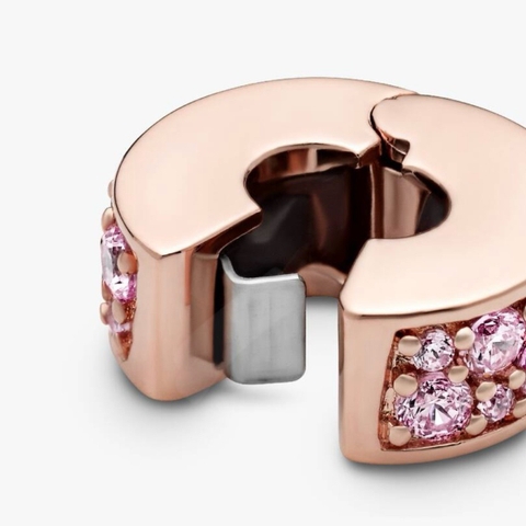 CHÍNH HÃNG - PANDORA Clear Pavé Clip Charm (14K Rosegold plated, Zircona) - Hạt trang trí vòng tay, chốt bấm, hỗn hợp kim loại mạ vàng hồng 14k