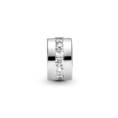 PANDORA Clear Sparkling Row Clip Charm (Silver Sterling, Zircona) - Hạt trang trí vòng tay hình tròn, chốt bấm chặn, bạc 925, CZ trắng - JEWELRY