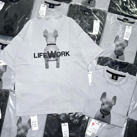 ÁO THUN LIFEWORK BULLDOG WASHING GREY T-SHIRT - Áo thun cổ tròn tay lỡ màu xám
