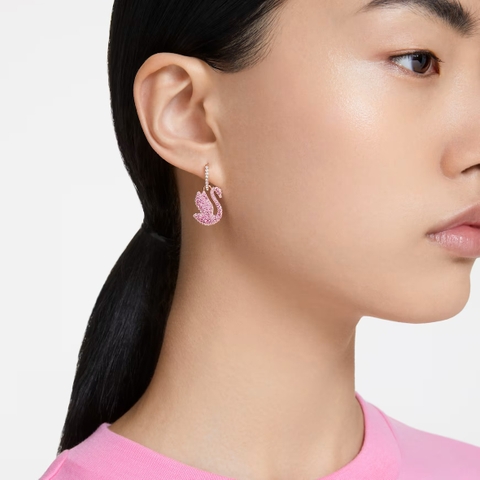 SWAROVSKI Swan drop earrings (Pink, Rose gold-tone plated) - Khuyên tai, hình thiên nga, pha lê hồng - JEWERY