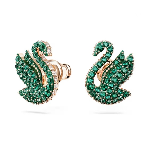 SWAROVSKI Swan stud earrings (Green, Rose gold-tone plated) - Khuyên tai thiên nga, pha lê xanh - JEWERY