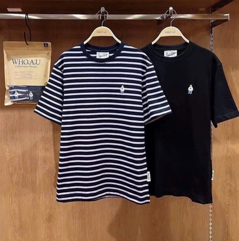 CHÍNH HÃNG - WHOAU (2PACK/SET) STEVE BEAR STRIPE T-SHIRT - Bộ 2 áo thun màu đen+sọc