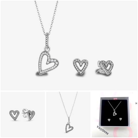 PANDORA Sparkling Freehand Heart - Necklace - Earrings - SET (Sterling, White Zircona) - Dây cổ / khuyên tai / bộ (dây + khuyên) - Bạc 925, đá CZ trắng, hình tim - JEWELRY