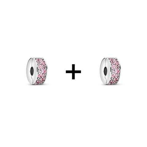 PANDORA Pink Pavé Clip Charm (Silver Sterling, Zircona) - Hạt trang trí vòng tay hình tròn, chốt bấm chặn, bạc 925, CZ hồng - JEWELRY