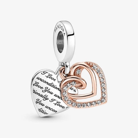 PANDORA Entwined Hearts Double Dangle Charm (Silver Sterling, 14K Rose-gold plated) - Hạt trang trí vòng tay hình tim đôi, tình yêu chân thành