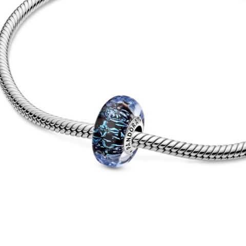PANDORA Wavy Dark Blue Murano Glass Ocean Charm (Silver Sterling) - Hạt trang trí vòng tay hình tròn, bạc 925, màu xanh gợn sóng đại dương - JEWELRY