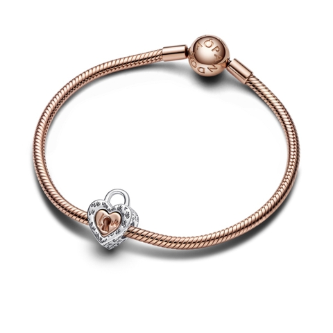 PANDORA Charm Moments HEART LOCK (Silver Sterling, 14k Rose-gold plated) - Hạt trang trí vòng, lắc tay hình khoá trái tim, bạc 925, mạ vàng hồng 14k - JEWELRY CHARMS