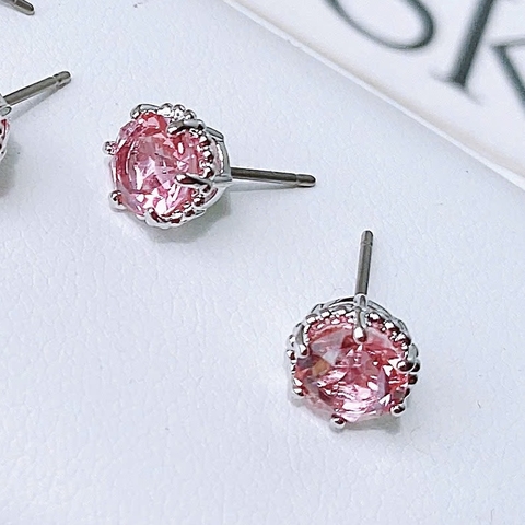 SWAROVSKI Birthstone stud earrings (Round cut, Dark Pink, Rhodium plated) - Khuyên tai, hình tròn, pha lê màu hồng đậm - JEWERY