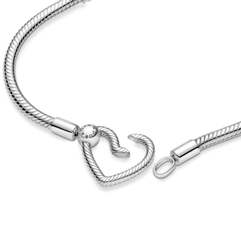 PANDORA Moments Heart Snake Chain Bracelet (Silver Sterling) - Vòng/lắc bạc 925, khoá cài trái tim bạc 925, dáng mềm