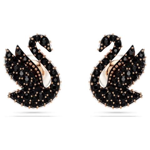 SWAROVSKI Swan stud earrings (Swan, Black, Rose gold-tone plated) - Khuyên tai thiên nga đen - JEWERY