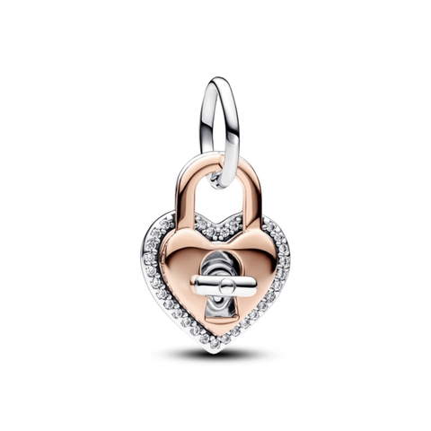 PANDORA Charm Moments Dangle HEART LOCK (Silver Sterling, 14k Rose-gold plated) - Hạt trang trí vòng, lắc tay hình khoá trái tim treo, bạc 925, mạ vàng hồng 14k