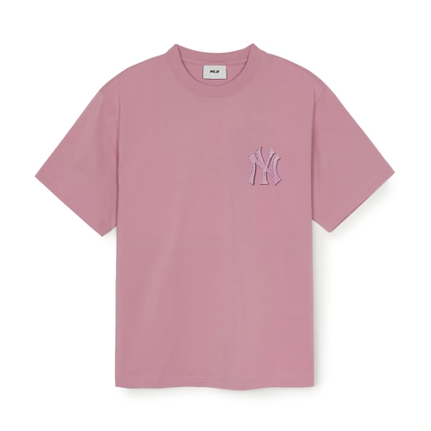 MLB Denim-like monotiv overfit functional short-sleeve T-shirt New York Yankees Pink - Áo thun cổ tròn, tay lở màu hồng