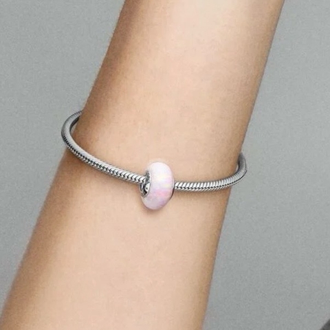 PANDORA Opalescent Pink Charm (Silver Sterling, Opal Lap-created) - Hạt trang trí vòng tay hình tròn, tone hồng, bạc 925 - JEWELRY