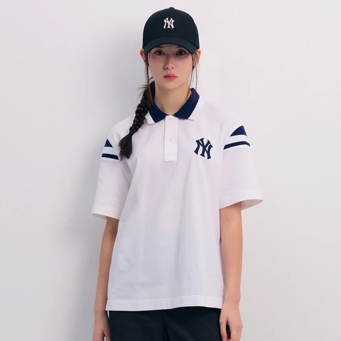 Áo MLB Varsity shoulder color overfit collar POLO shirt New York Yankees WHITE