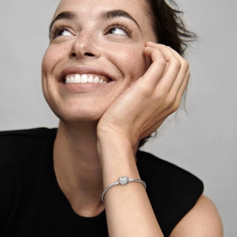 Pandora Moments Snake Chain Bracelet (Heart Clasp, Silver Sterling) - Vòng/lắc tay bạc 925, khoá tim đính đá, dáng mềm - JEWELRY BRACELET