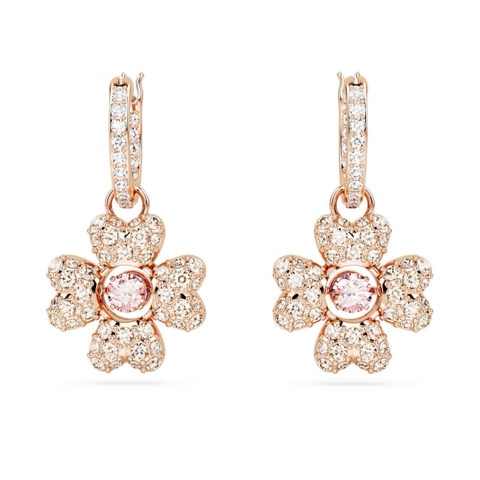 SWAROVSKI Idyllia drop earrings (Clover, White, Rose gold-tone plated) - Khuyên tai lá, pha lê hồng - JEWELRY