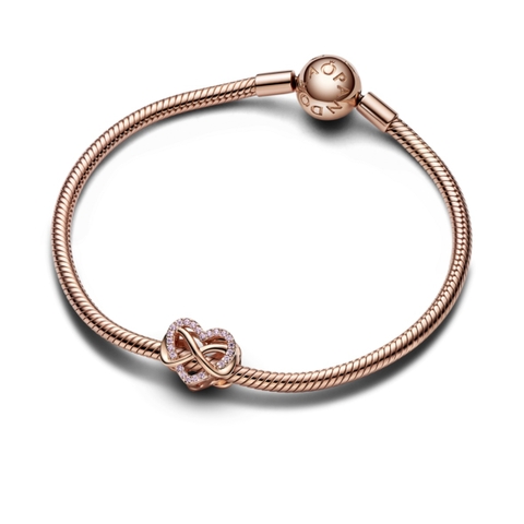 PANDORA Charm Moments INFINITY HEART (Silver Sterling, Rose-gold 14k plated, Zircona) - Hạt trang trí vòng tay hình trái tim vô cực, bạc 925, mạ vàng hồng 14k, đá CZ