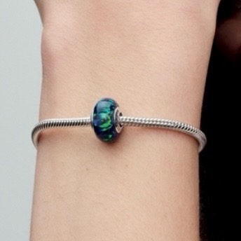 PANDORA Opalescent Green Charm (Silver Sterling, Opal Lap-created) - Hạt trang trí vòng tay hình tròn, màu xanh, bạc 925 - JEWELRY