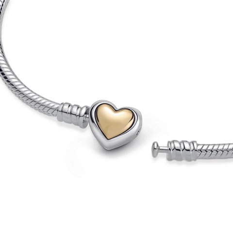CHÍNH HÃNG - PANDORA Domed Golden Heart Clasp Snake Chain Bracelet (Silver Sterling, 14k Gold) - Vòng/lắc bạc 925, khoá trái tim phối vàng 14k, dáng mềm - JEWELRY