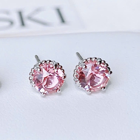 SWAROVSKI Birthstone stud earrings (Round cut, Dark Pink, Rhodium plated) - Khuyên tai, hình tròn, pha lê màu hồng đậm - JEWERY