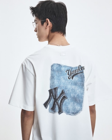 MLB Denim-like monotiv overfit functional short-sleeve T-shirt New York Yankees IVORY - Áo thun cổ tròn, tay lở màu trắng kem