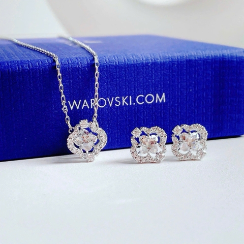 SWAROVSKI Una set (Mixed cuts, Clover, White, Rhodium plated) - EARRINGS & NECKLACE - Khuyên tai + dây cổ, pha lê trắng chuyển động - JEWELRY