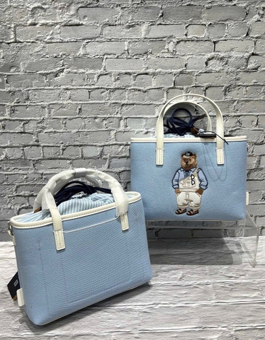 WHOAU BEAR CANVAS TOTE BAG BLUE - Túi xách có quai, đeo chéo, hình gấu, màu xanh biển